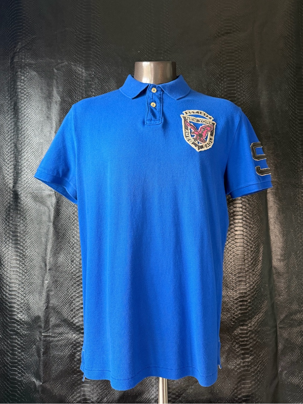 American Eagle Polo Shirt Men’s XL Blue Varsity Eagle Crest Patch Athletic Fit